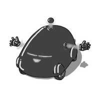 A robot that looks like a silly concept car. It has a reflective, black exterior with four wheels housed in organic-looking extensions of its main body. Instead of limbs and an antenna, the robot's hands and bobble float on the end of hazy turquoise beams projected from circular apertures on its exterior. Both hands and bobble are the same shiny black as the robot's body. The robot's face is a glowing design in the same turquoise as the beams, with a long strip of light divided in half for the eyes, like a futuristic visor, and a smiling mouth. The whole thing looks vaguely menacing and not very smolrobots.