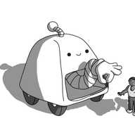 A robot shaped like a rounded trapezoid, with four wheels and an antenna. Below its smiling face is a large opening from which is emerging a banded arm that is presenting a bunch of grapes to a person. Oh, and the robot is over twice the height of its grapes' recipient and could quite easily pick them up with its massive hand. The grapes look absolutely tiny. The person looks quite shocked.