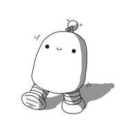 A smiling, round-topped robot with two banded legs and a coiled antenna. It's walking along, wobbling slightly as it goes.