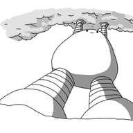 A view from below of a very large, ovoid robot with banded arms and legs. It receeds upwards, tapering due to perspective, and its arms are held up, supporting a mass of clouds. Unlike the mythical titan for which it's named, the robot seems quite happy with it's situation.