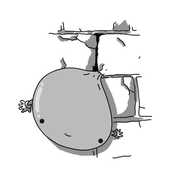 A robot in the form of a gelatinous blob with a smiley face and two little arms. It's squeezing itself through a narrow gap in the mortar of a brick wall, ballooning outwards on the visible side.