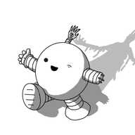 A spherical robot with banded arms and legs. It's missing it's left hand, displaying a set of four prong-like connectors at the end of its arm, and its left eye is closed. The tip of its antenna resembles a withered, claw-like human hand with a drawing of an eye with a slitted, catlike pupil in the centre. The robot is walking along, waving with its right hand and smiling quite cheerfully. In addition to its normal shadow, there is a second, more faded one extending behind it of a robed, humanoid figure wearing a spiked crown and reaching out with ragged, emaciated limbs ending in curling, elongated talons.