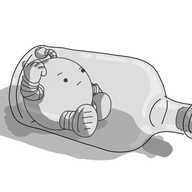A spherical robot with banded arms and legs and an antenna, sitting in a glass bottle lying on its side. The robot is large enough that its antenna is being squashed downwards by the bottle, and it is demonstrably unable to pass through the bottle's neck, which is nonetheless stoppered with a cork. The robot is scratching its head and has an expression of confusion on its face.