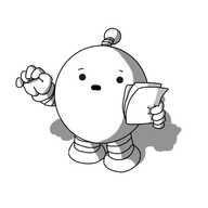 A spherical robot with banded arms and legs and an antenna, holding a sheaf of notes in one hand and glancing nervously at them.