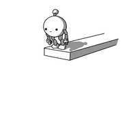 A small, spherical robot with jointed arms and legs and an antenna. It's standing poised on a flat board, raised in the air, looking downwards a little tentatively.