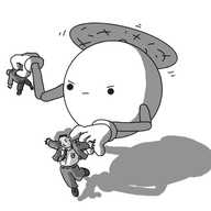 A big, spherical robot with jointed arms and a propeller on its top. It is picking up two unhappy looking people by the backs of their jackets as it hovers a few metres above the ground, and is frowning angrily at them.