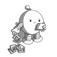 A spherical robot with banded arms and legs and a zigzag antenna, holding a sheaf of photos and frowning down at them. Its other hand is held downwards, discarding photos onto the ground, with one in motion. All of the photos show what appear to be white men wearing suits.