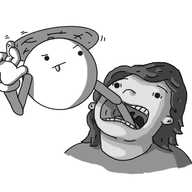 A person has their head tilted back with their mouth wide open and an alarmed look in their eyes as a spherical, hovering robot with jointed arms and a propeller on its top thrusts one arm down their throat. The robot is looking upwards slightly, frowning with its tongue sticking out in concentration, waggling the fingers on its free hand.