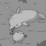 A robot that looks like a dolphin: it has a curved, sausage-like body with an integrated protruding beak, two hinged flippers on either side, a dorsal fin with a blowhole in front of it, a thick, banded tail on the end of which is a horizontally oriented fluke. Bubbles are ascending from its blowhole as it turns to menace an inflated Pufferbot that is flailing away from it with a terrified expression on its face. All around the duo are the circling silhouettes of other Dolphinbots.