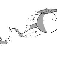 A spherical robot held aloft by a propeller on its top and with quite a serious face. It's zooming along as a length of ribbon unspools from a slot on its rear.