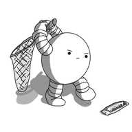 A round robot with banded arms and legs, holding up a large net with a handle. It's sneaking up on a chocolate bar in the distinctive blue and white packaging of the milk chocolate Bounty, as manufactured by Mars and distributed in the UK, Canada, Australia and - apparently? - Portugal. The robot looks quite determined to snag its prey.