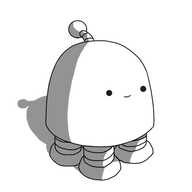 A squat, round-topped robot with four banded legs on its underside and an antenna, smiling faintly.