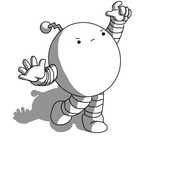 A spherical robot with banded arms and legs and a zigzag antenna. It's reaching up, balanced on one tiptoe, one hand held out for balance, scratching at the very top of the frame and looking annoyed about it.