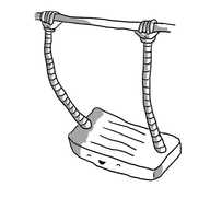A robot in the form of a flat swing with a beaming face on the front. It has two arms emerging from either end of its upper surface, ending in hands that are gripping a horizontal beam of some kind that is above it.