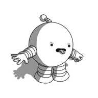 A spherical robot with banded arms and legs and an antenna, standing with its arms outstretched and its tongue sticking out of its mouth, frowning with concentration, or possibly consternation.