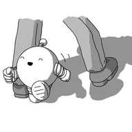 A spherical robot with banded arms and legs and an antenna, laughing with its eyes closed as it runs between a person's legs. The shadow of the figure shows them looking downwards, seemingly raising an arm in dismay or protest.