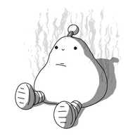 A squishy-looking, slightly lumpy, pear-shaped robot sitting on the ground, banded legs splayed before it. It has a smiling face near its top and an antenna. Curling tendrils of pale steam rise from it.