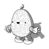 An ovoid robot with banded arms and legs. It's happily smiling, holding out its arms, and its body is covered in paisley patterning - a textile design of Indian origin which features distinctive curving teardrop shapes. Its antenna is a teardrop shape of similar design.