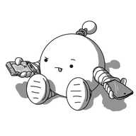 A spherical robot with banded arms and legs and a coiled antenna, sitting on the ground and holding two phones. One is an older model, scuffed and cracked, while the other is shiny and new. The robot is frowning down at the old one, raising an eyebrow and sticking its tongue out in concentration.