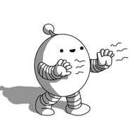An ovoid robot with banded arms and legs and an antenna. It's walking along, its hands outstretched, smiling guilelessly as some sort of energy waves emanate from its palms.