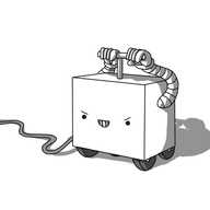 A squat, cuboid robot with four wheels on its underside and a T-handle on the top, like a cartoon blasting machine. It has two banded arms, reaching up and holding its handle, and a wire trailing off from one of its sides. It's grinning malevolently, obviously relishing its task.
