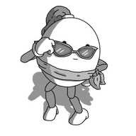 An ovoid robot with jointed arms and legs. It has a ponytail on its top, a kerchief around its waist/neck, small heels on its feet and a pair of butterfly-wing 50s style sunglasses. The robot has one hand on its waist, is turning slightly to one side and tilting down its shades so it can peer over them sassily.