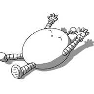 An ovoid robot with narrow banded arms and legs and an antenna, lying on the ground. It's stretching all four limbs and its antenna as far as they'll go, splaying its fingers, closing its eyes and making a little 'o' with its mouth.