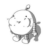 A round robot with banded arms and legs and an antenna with an egg-shaped bobble. The robot's cheeks are bulging widely and in motion as it whisks the egg, some of which is visible dribbling from its smiling mouth.