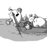 A scene of a river with a small, flat-bottomed barge floating on it, laden with various robots. The main focus is an ovoid robot with banded arms and legs and a zigzag antenna, tumbling off the end of the boat with an expression of distress on its face, the pole slipping from its hand. In the boat is Teabot, rolling off the edge, eyes scrunched shut as its tea spills everywhere; Unicornbot, looking surprised; Notokaybot looking worries; and Mondaybot, fallen over into its antenna.