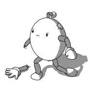An ovoid robot with jointed arms and legs and an antenna. One of its feet is dragging, and the lower section of one of its arms has fallen off, exposing sparking workings at the ends of each section. The robot's antenna is also bent in half and it has a crack near its top that has been patched up with a piece of metal. The robot looks sad and has bags under its eyes.