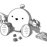 A spherical robot with banded arms and legs and a zigzag antenna, sitting on the floor and happily tossing a twenty-sided die. Three other dice are resting in front of it - one with six sides, one with eight and one with four. In its other hand, the robot has a pencil and beside it is a notebook covered in illegible sprawl.