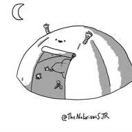 A robot in the form of a dome-shaped tent with a little smiling face above the rolled-up door and small waving arms on either side. Visible through the entrance are Warmbot, Signalbot and Teabot, scattered over the integrated ground sheet. A crescent moon hangs over the scene.