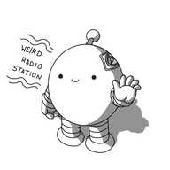 A spherical robot with banded arms and legs and an antenna. It's smiling and waving and it has a no-smoking sticker on its side. There are waves emanating from it with "WEIRD RADIO STATION" written between them.