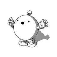 A spherical robot with banded arms and legs and a coiled antenna. It's leaning forward slightly, its arms outstretched, shouting or possible making what looks like a shocked face.