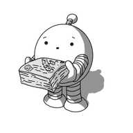 A round robot with banded arms and legs and an antenna. It's holding a big sheaf of documents in its hands, the topmost of which has various illegible stamps on it and illustrations that look like they might depict nuclear weapons. The robot is looking towards the frame with a surprised expression on its face.