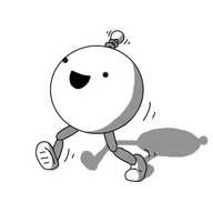 A spherical robot with two jointed legs and a coiled antenna. It's running along excitedly, its mouth open in a wide, joyful smile.