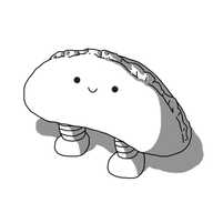 A robot in the form of a pasty - a roughly crescent-shaped pastry with a crimped ridge along its top edge - with a little face on the front and banded legs on its flattish underside.