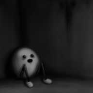 A dark, mouldering corner of a room where an ovoid robot with jointed legs sits. It's eyes are wide, black and staring with dark shadows beneath them, and its mouth is open. It doesn't look angry or anything, but it doesn't look *happy*.