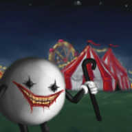 A full-clour, painted style picture of a traditional carnival at night in a meadow of long grass. A big top is surrounded by several other tents, a carousel is on one side and a Ferris wheel rises up behind them. Strings of yellow lights run between each attraction, and the whole thing is lit with a dim glow. In the foreground stands a round robot with jointed arms. It's doffing a top hat with one hand and gesturing with a bent cane in the other. Its face is made up in the manner of a grotesque clown: it has ranks of dirty, yellowed teeth bared in a rictus grin surrounded by dark red lips that are dripping slightly down its chin, and its eyes have black crosses painted across them.