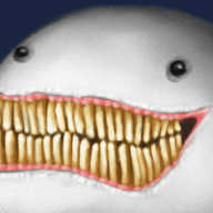 A round robot with an enormous, rictus grin. It has wrinkled, prominent lips, visible pink gums and far too many teeth. Each tooth is elongated and off-white, fading to brown at the roots, and they are at slightly odd angles, clustered together and overlapping. The robot's eyes are reflective and hollow.