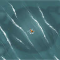 A full-colour, painted style picture depicting an aerial view of an expanse of teal water, streaked with the pale crests of waves. A tiny person is treading water in the centre and, below them, the hazy silhouette of an enormous, spherical robot with four banded limbs ending in clawed hands is rising up.