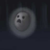 A full-colour image of a dark, vague, misty forest scene rendered in dark blue. Floating in the foreground is a pale, semi-transparent, glowing ovoid with a hollow mouth and eyes, fixed in an expression of mournful anguish.