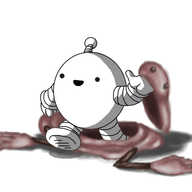 A smiling, spherical robot with banded arms and legs and an antenna. It's climbing out of a limp, empty costume that resembles a horrible, brown robot with joined arms, long, claw-like fingers and which has a separate head sporting staring, hollow eyes that the robot is holding in one hand. The robot is drawn in the normal grayscale line-art style with sharp shading, while the costume is in the soft, airbrush style of the recent Horrorbots with gradient shading. Confusingly, each part of the drawing casts its own shadow in its own style.