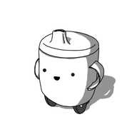 A robot in the form a child's sippy cup, with a lid featuring a little spout and two rounded handles on either side. The robot has three wheels on its underside and a happy, friendly little face.