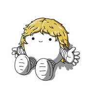 A spherical robot with banded arms and legs, sitting no the ground and holding its hands out. It has a big mop of blonde hair that cascades down its back and seems very happy about it.