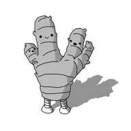 A knobbly, four-pronged ginger root. Each of the prongs is a robot, with a little face on it - three are smiling, and one on the end is asleep. The robots have a single pair of banded legs at the bottom.