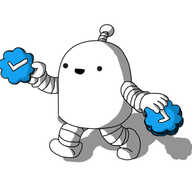 A round-topped robot with banded arms and legs and an antenna. It's walking along cheerfully, holding a stack of Twitter 'blue ticks' - little discs shaped like flowers with eight petals, coloured blue with a white tick in the middle, confusingly. It's holding another one in its other hand, as if about to toss it away, or hand it off to someone.