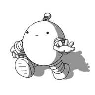 A spherical robot with banded arms and legs and a coiled antenna. It's walking along, looking off to one side with a slightly distracted smile on its face, and holding out its hand in an informal wave.