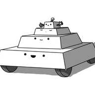 A set of four robots shaped like low, tapering cuboids, stacked on top of one another in the manner of a ziggurat. The bottom robot has four wheels on its underside, and the top one has an antenna and two little banded arms. The second robot from the top is asleep.