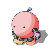 A spherical robot with banded arms and legs and an antenna. Each section of the robot is coloured in a pale, pastel tone: its body is pink, its left foot is orange, its right foot is yellow, its right hand is green, the bobble of its antenna is blue and its left hand is purple. The robot has no mouth, and its eyes and arms are set quite low down on its body.
